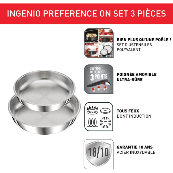 Tefal Ingenio Preference On Lot de 2 Poêles 24/28 cm + poignée amovible, Induction, Acier inoxydable, Empilable, Compatible 2