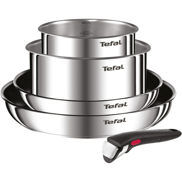 Tefal Ingenio Lot 2 Poêles, 2 Casseroles et Poignée amovible, Induction, Acier inoxydable, Empilable, Revêtement antiadhésif,