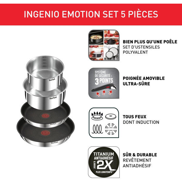 Tefal Ingenio Lot 2 Poêles, 2 Casseroles et Poignée amovible, Induction, Acier inoxydable, Empilable, Revêtement antiadhésif, 2