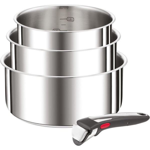 Tefal Ingenio Lot de 4 pièces, Casseroles 16/18/20 cm + 1 poignée amovible, Induction, Acier inoxydable, Empilable, Gain de