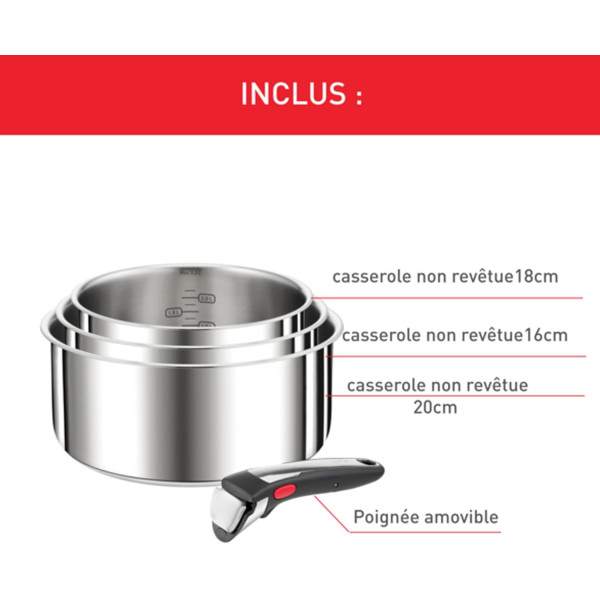 Tefal Ingenio Lot de 4 pièces, Casseroles 16/18/20 cm + 1 poignée amovible, Induction, Acier inoxydable, Empilable, Gain de 2