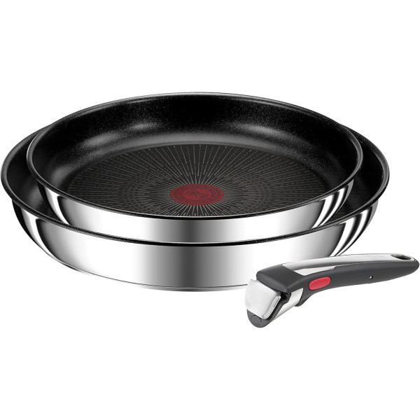 Tefal Ingenio Lot de 4 pièces, Casseroles 16/18/20 cm + 1 poignée amovible, Induction, Acier inoxydable, Empilable, Gain de 2