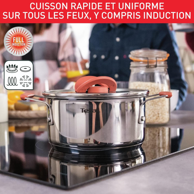 Tefal Ingenio Batterie de cuisine 7 pièces, Induction, Revêtement antiadhésif, Empilable, Gain de place, Indicateur de