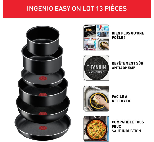 Tefal Ingenio Batterie de cuisine 7 pièces, Induction, Revêtement antiadhésif, Empilable, Gain de place, Indicateur de