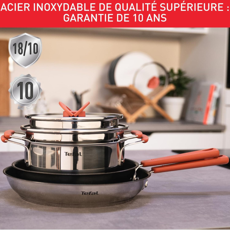 Tefal Ingenio Batterie de cuisine 7 pièces, Induction, Revêtement antiadhésif, Empilable, Gain de place, Indicateur de