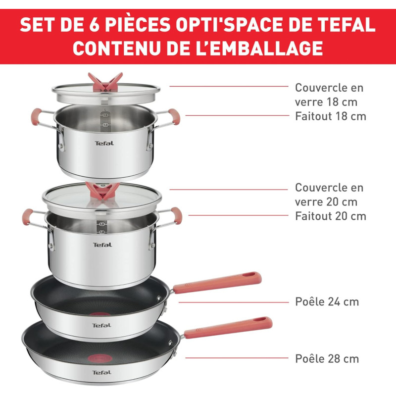Tefal Ingenio Batterie de cuisine 7 pièces, Induction, Revêtement antiadhésif, Empilable, Gain de place, Indicateur de