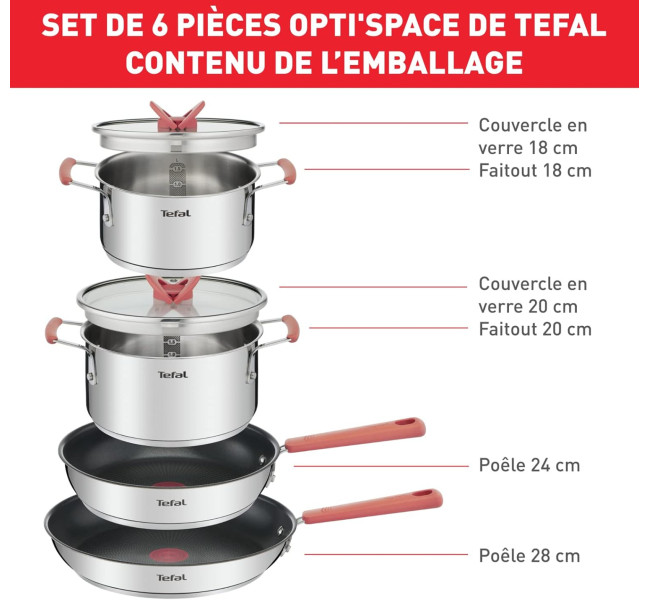Tefal Ingenio Batterie de cuisine 7 pièces, Induction, Revêtement antiadhésif, Empilable, Gain de place, Indicateur de