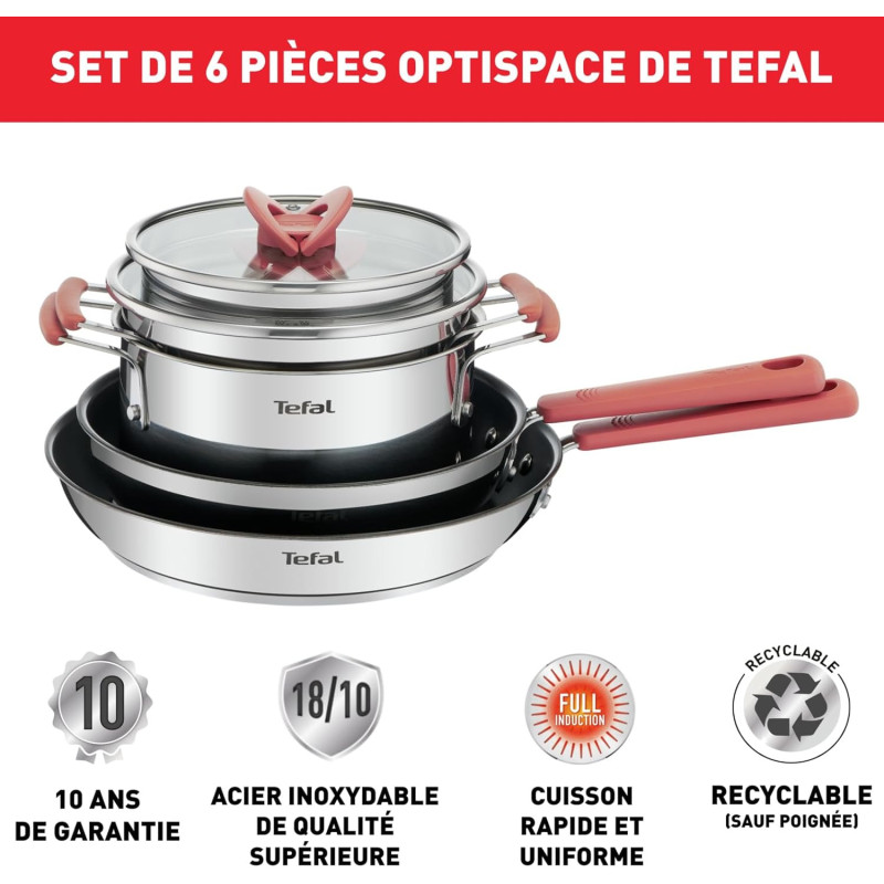 Tefal Ingenio Batterie de cuisine 7 pièces, Induction, Revêtement antiadhésif, Empilable, Gain de place, Indicateur de