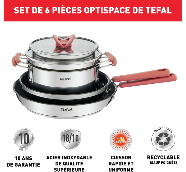 Tefal Ingenio Batterie de cuisine 7 pièces, Induction, Revêtement antiadhésif, Empilable, Gain de place, Indicateur de