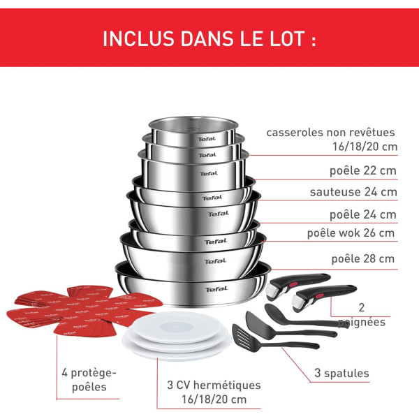Tefal Ingenio Batterie de cuisine 20 pièces, Poêles, Casseroles, 2 poignées amovibles, Induction, Revêtement antiadhésif, 2
