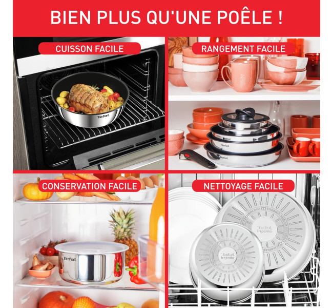 Tefal Ingenio Batterie de cuisine 20 pièces, Poêles, Casseroles, 2 poignées amovibles, Induction, Revêtement antiadhésif,