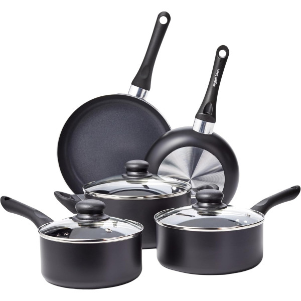 Amazon Basics Batterie de cuisine anti-adhésive 8 pièces, Noir