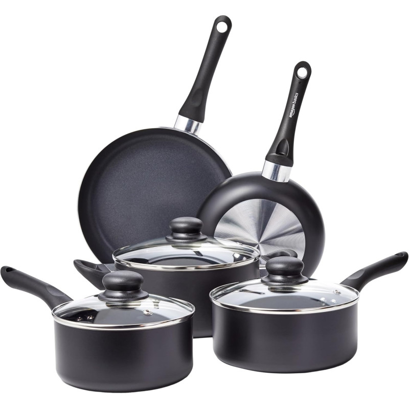 Amazon Basics Batterie de cuisine anti-adhésive 8 pièces, Noir