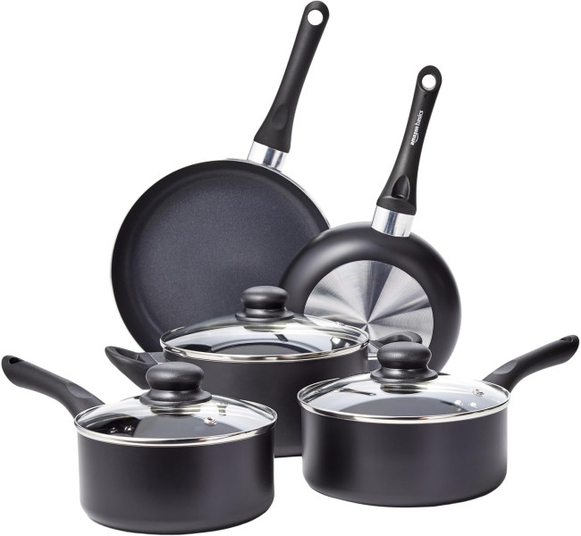Amazon Basics Batterie de cuisine anti-adhésive 8 pièces, Noir