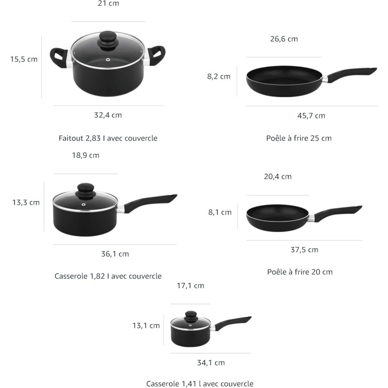 Amazon Basics Batterie de cuisine anti-adhésive 8 pièces, Noir