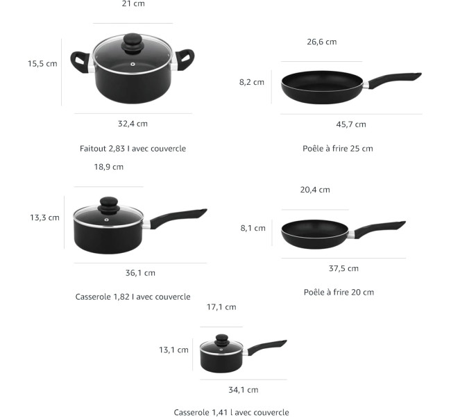 Amazon Basics Batterie de cuisine anti-adhésive 8 pièces, Noir
