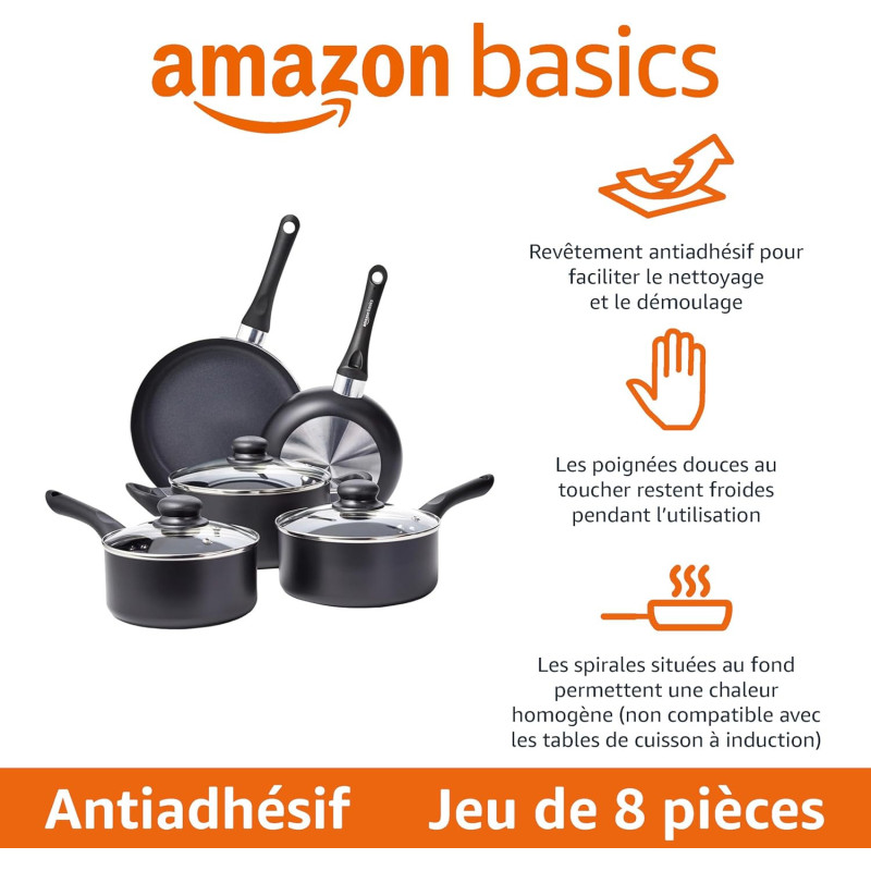 Amazon Basics Batterie de cuisine anti-adhésive 8 pièces, Noir