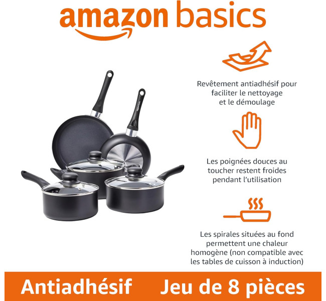 Amazon Basics Batterie de cuisine anti-adhésive 8 pièces, Noir