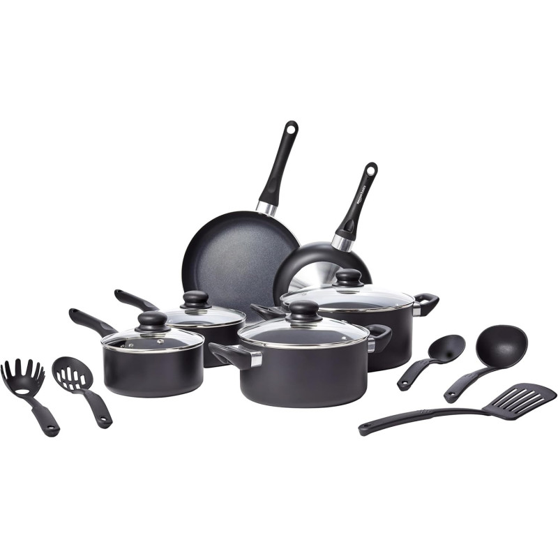 Amazon Basics Batterie de cuisine anti-adhésive 8 pièces, Noir
