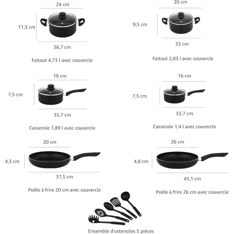 Amazon Basics Batterie de cuisine anti-adhésive 8 pièces, Noir