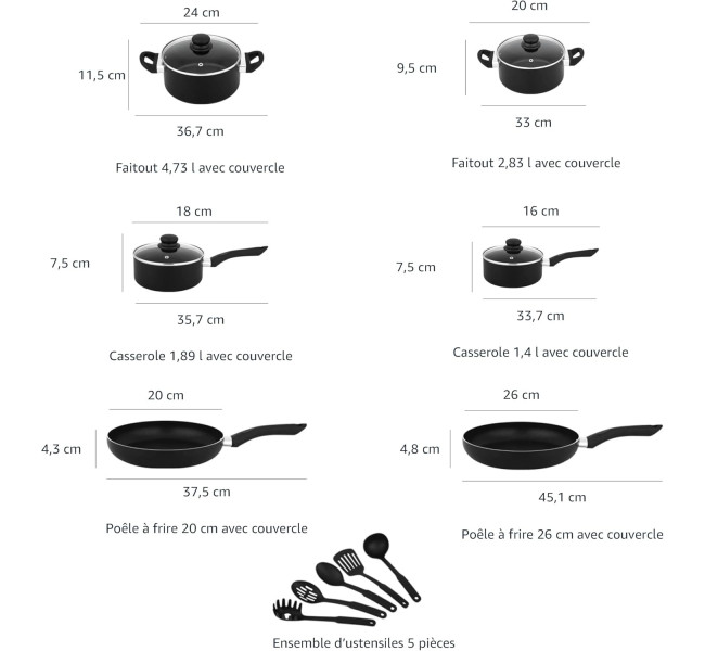 Amazon Basics Batterie de cuisine anti-adhésive 8 pièces, Noir