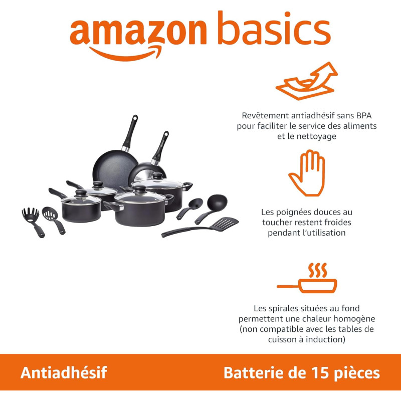 Amazon Basics Batterie de cuisine anti-adhésive 8 pièces, Noir