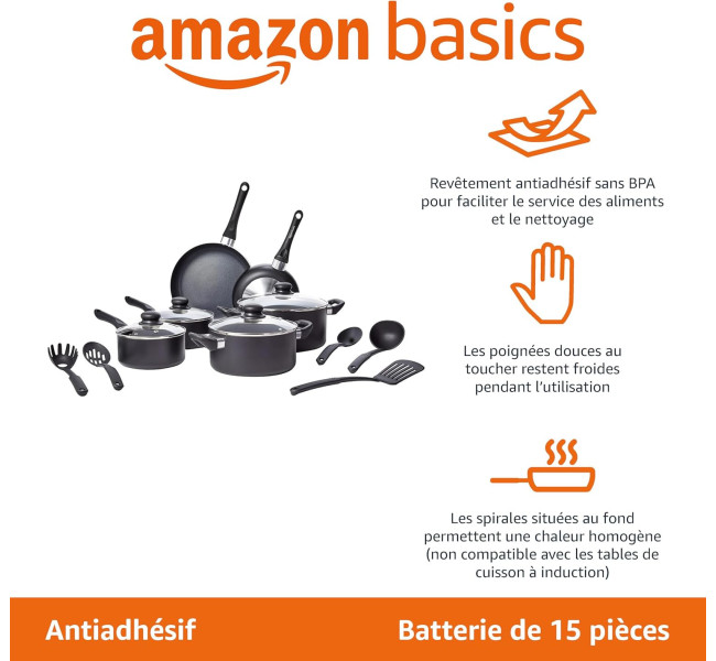 Amazon Basics Batterie de cuisine anti-adhésive 8 pièces, Noir
