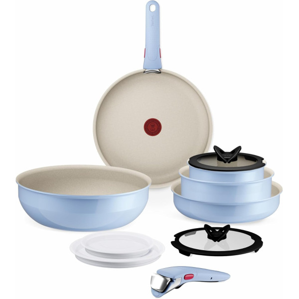 Tefal Ingenio Serenity, Batterie de cuisine 11pièces, Revêtement antiadhésif, Poignées amovibles sécurisées, Design empilable,
