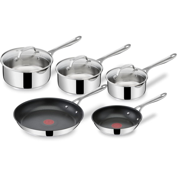 Tefal Jamie Olivers Cook's Direct Inox Batterie de cuisine 8 pcs, 2 poêles, 3 casseroles + couvercles, Revêtement antiadhésif,