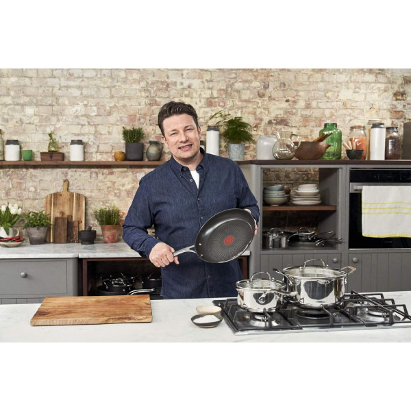 Tefal Jamie Olivers Cook's Direct Inox Batterie de cuisine 8 pcs, 2 poêles, 3 casseroles + couvercles, Revêtement antiadhésif, 2