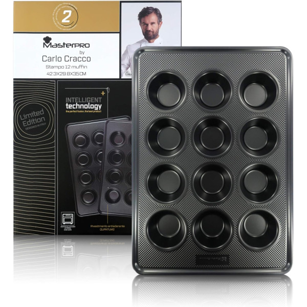 MasterPRO Moule à Muffins et Cupcakes | 12 Cavités | 42 x 30 x 3 Cm | sans PFOA | Acier de Carbone Noir