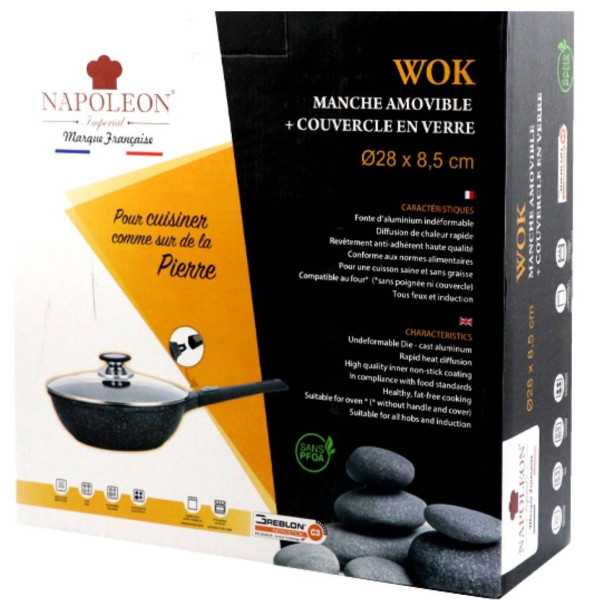 Wok Napoléon 28 cm avec manche amovible + couvercle en verre