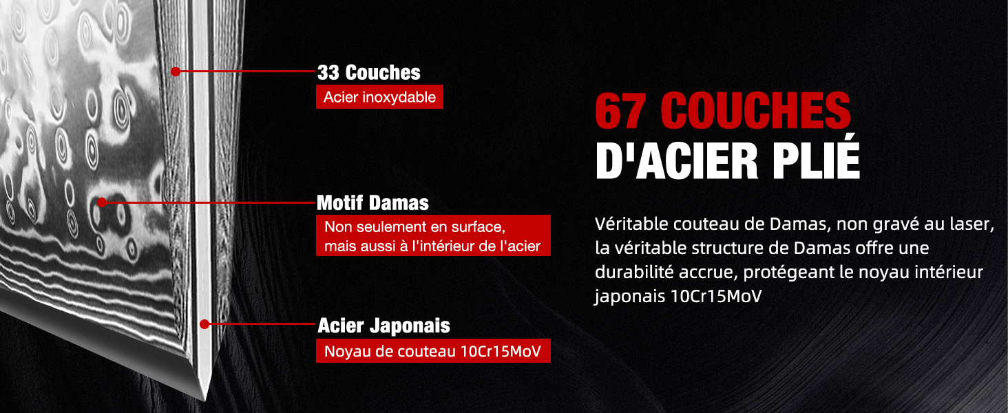 Détail de l'emballage du produit montrant un texte en français à propos de « 67 couches d'acier plié » (67 couches d'acier pliées